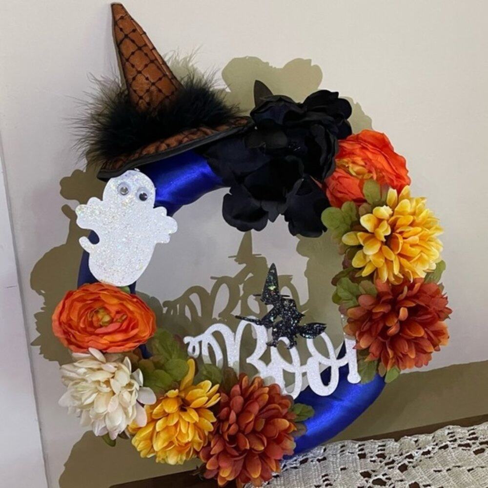 Halloween Wreath Witch Ghost Floral Royal Blue Handcrafted